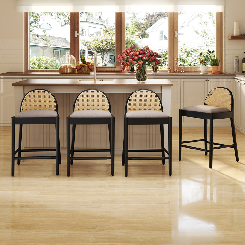 Modern Bar Stools Upholstered Counter Stools With Rattan Backrests And Wood Legs Kitchen Stools For Island Set of 4