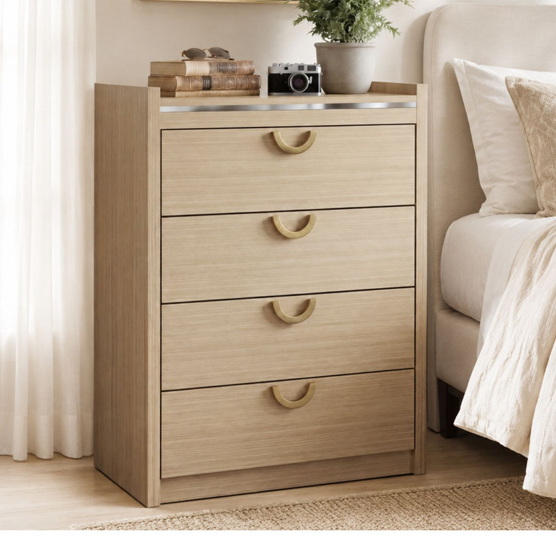 Commode 4 tiroirs de style Mid-Century moderne, commode en bois de chêne avec poignées courbées dorées, rangement de 38,46 po de hauteur pour le couloir de la chambre à coucher
