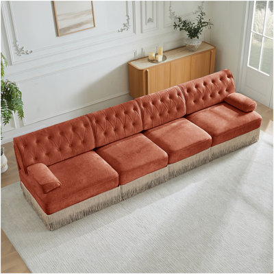135" Soft Velvet Fabric,Button Tufted Design Chesterfield Style Sofa,Tassel Skir,Modular Combination Design,Premium Wooden Base,Easy To Assemble,High-Density High Resilience Foam,For Lounge,Red Brown