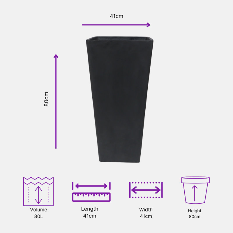 Haylie Square Tapered Garden Planter, Frostproof Concrete Effect, Indoor and Outdoor Plant Pot with Drainage Hole, Black