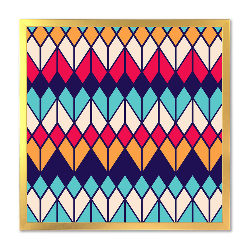 Rhombus Geometrics In Retro Colors II - impression sur toile, H 30 po x l 30 po, Cadre photo doré