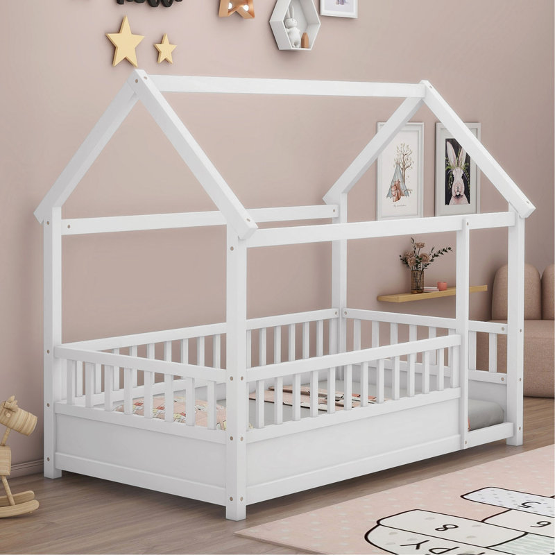 Twin Size Floor Wooden Bed With House Roof Frame, Fence Guardrails, Twin, White