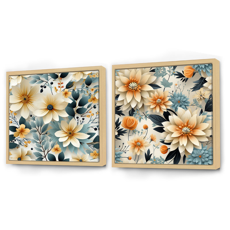 Evangélina - Ensemble de 2 collages floraux carrés, Cadre flottant brun, H 36 po x l 73 po