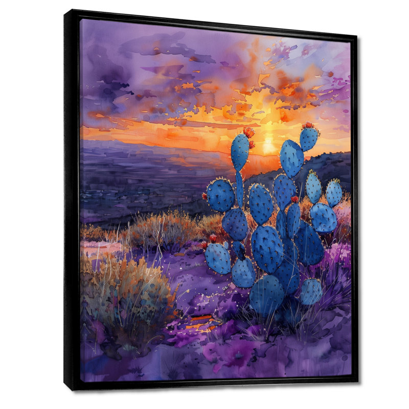 Cactus vert, désert, coucher de soleil I - art mural floral cactus, Toile avec cadre flottant noir
