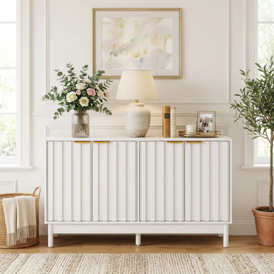 55'' Wide Sideboard Buffet Cabinet with Fluted Doors, Modern White Credenza Coffee Bar with Adjustable Shelves