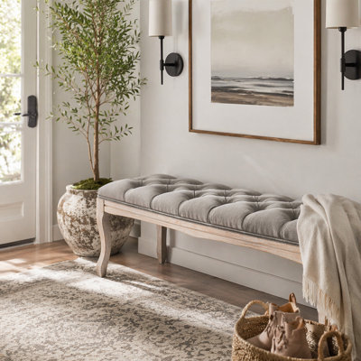 Banc de chambre à coucher, banc d'entrée touffeté de style français rétro, banc de bout de lit tapissier 43,3 po avec pieds en bois vieilli, siège de repose-pieds en lin