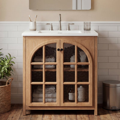 Meuble-lavabo de salle de bain naturel antique de 30 pouces avec lavabo en céramique et portes à fermeture douce | Idée de cadeau