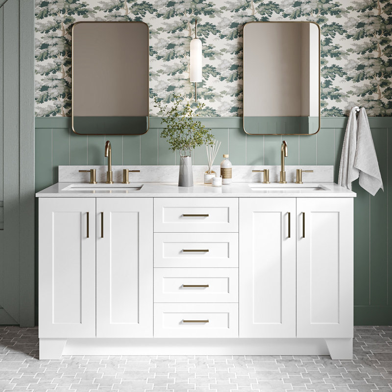 Meuble-lavabo double en bois massif 66 po avec lavabo en marbre de Carrare 0,75 po Nobe, Gris, Ovale