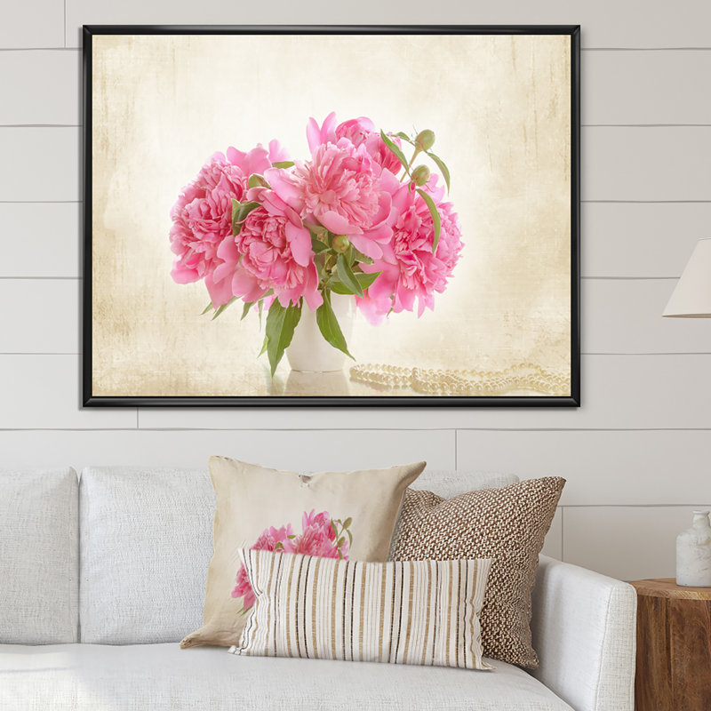 Rose pivoines Bouqet - Art mural sur toile traditionnel, H 20 po x l 12 po x P 1,5 po, Cadre flottant noir