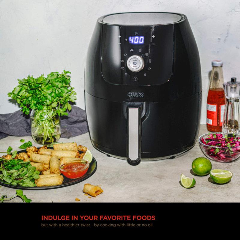 6 Qt Digital Air Fryer with Nonstick Removable Dishwasher Safe Pan and Crisping Tray, Auto Shutoff Timer and Audible Alarm, Adjustable Temperature Control, Black