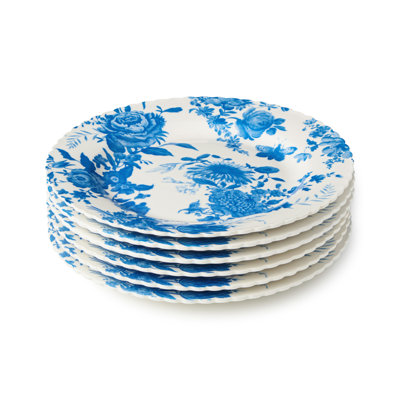 Gabrielle Blue Porcelain Salad Plate Set of 6, 9‑inch assorted scalloped floral toile plates, classic blue and white tableware for salads, desserts, brunch and timeless everyday dining