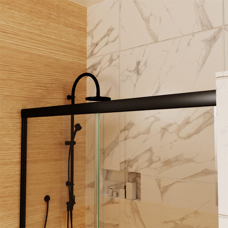 50 po -54 po X 72 po Porte de douche coulissante traditionnelle en noir mat avec verre transparent