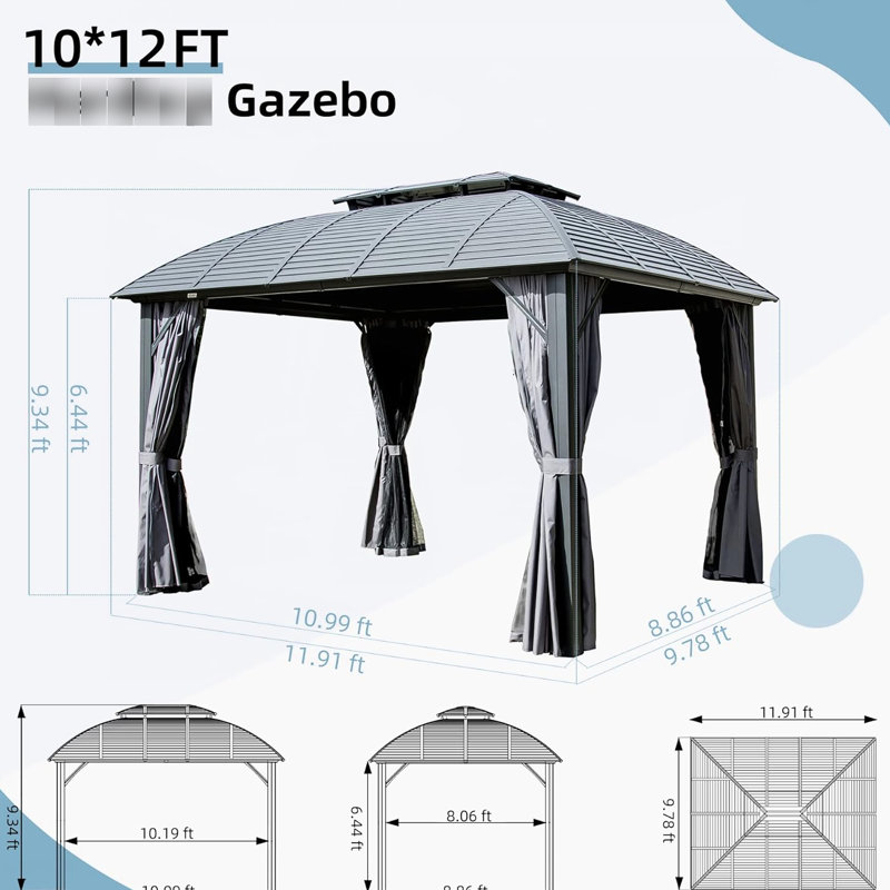 Pavillon de jardin extérieur 10 pi x 12 pi: structure en aluminium, double toit en acier galvanisé. Intérieur spacieux. Structure facile à installer. Toit pour une utilisation à long terme. Rideaux et moustiquaire. Patios idéaux,