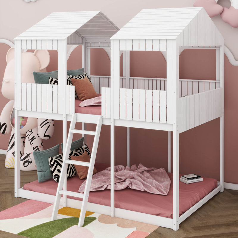 Elegant Wooden Full-Over-Full Bunk Bed With Integrated Ceiling Design Element, White