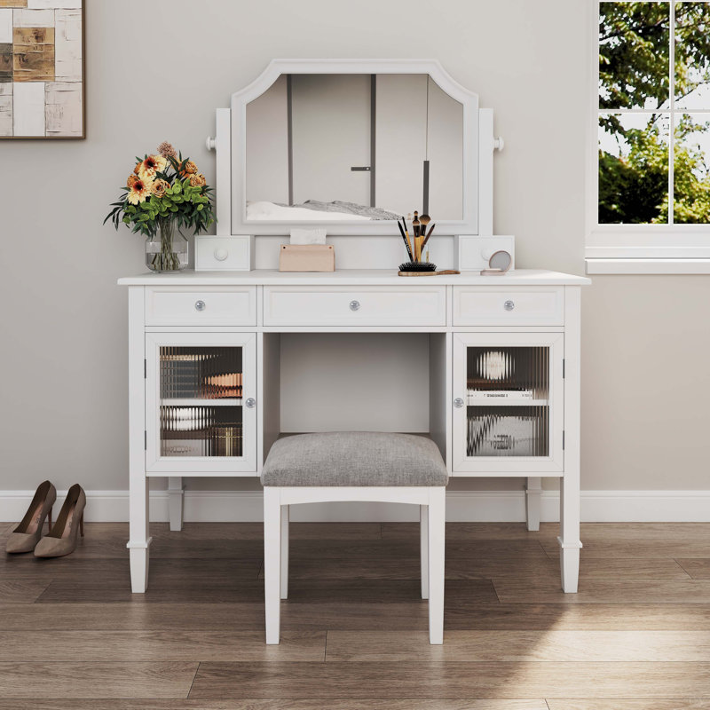 Meuble-lavabo de 44,4 po avec grand miroir ajustable, coiffeuse avec tiroir et armoire, coiffeuse pour la chambre à coucher peu encombrante, blanc