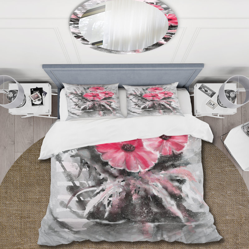 Pink/Grey Microfiber Duvet Cover Set, Queen Duvet Cover + 2 Standard Shams