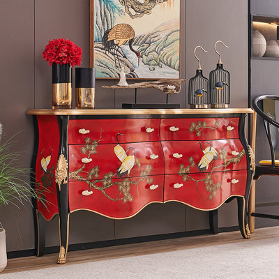 Vintage Red Hand-Painted Pine Crane Entryway Chest