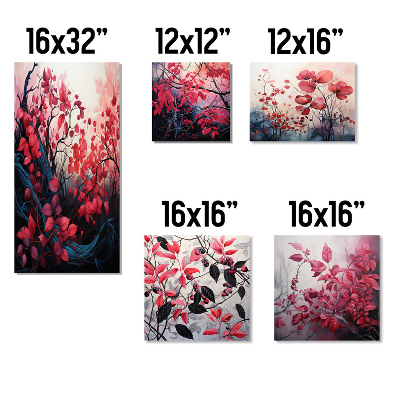 Feuilles botaniques rouges et noires minimalistes - feuilles, ensemble de 5 impressions sur toile, Toile tendue