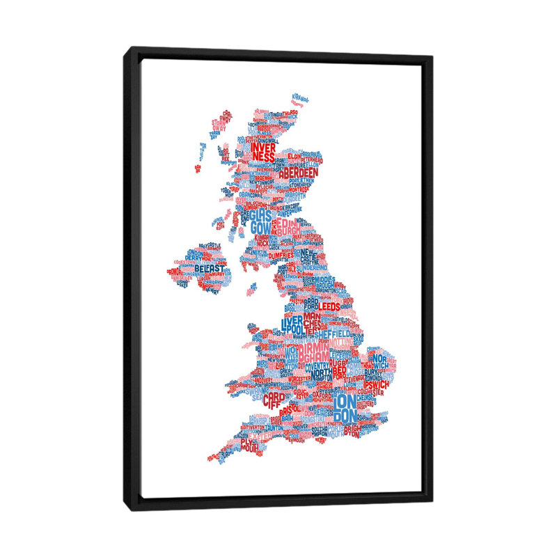 « grande-bretagne villes text map » par michael tompsett, art textuel sur toile, H 26 po x l 18 po x P 1,5 po, Pas de tapis