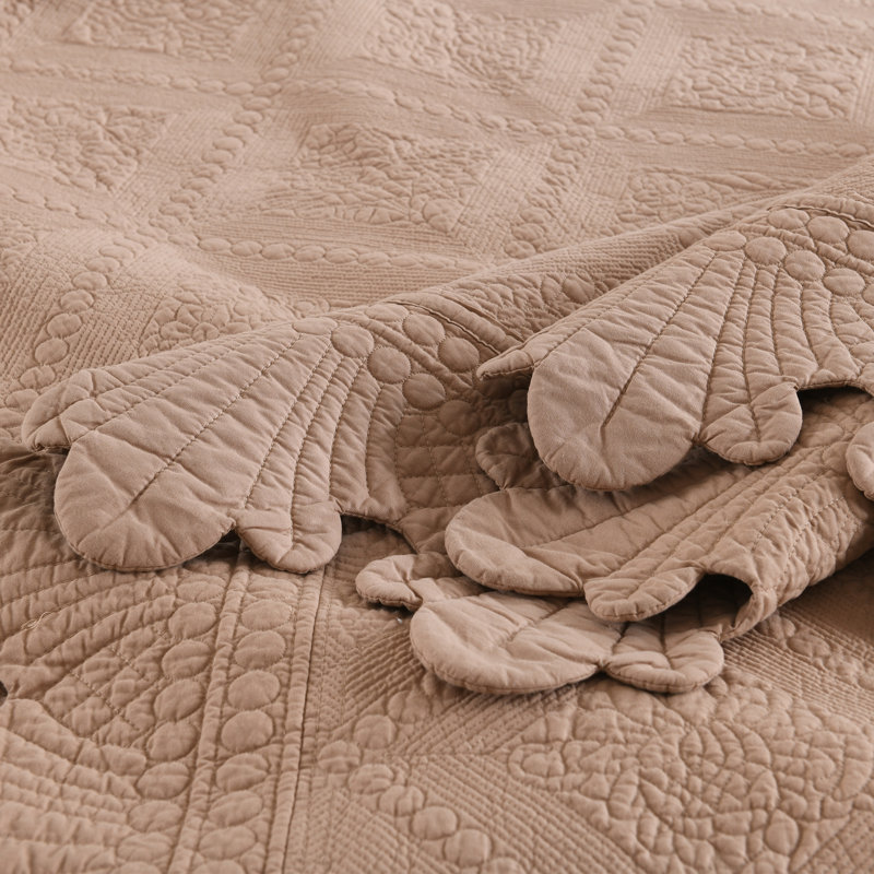 Tkembroidery Cotton Abstract Bedding, King Quilt + 2 King Shams, Pale Taupe Camel