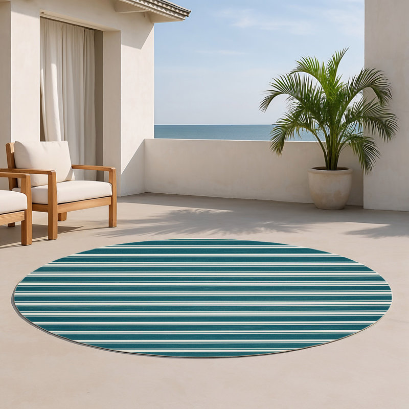 Tapis intérieur / extérieur bleu HorizontalStripes, Rond 5 pi