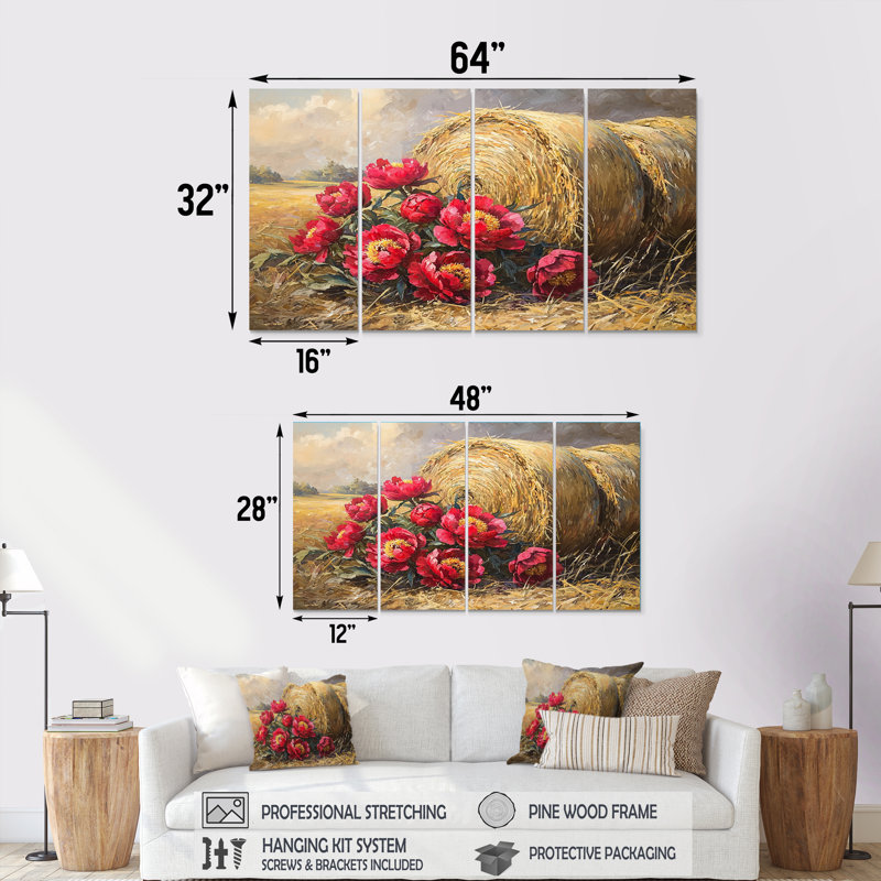Lorello - pivoines - art mural traditionnel pour le salon, 4 pièces, H 28 po x l 48 po