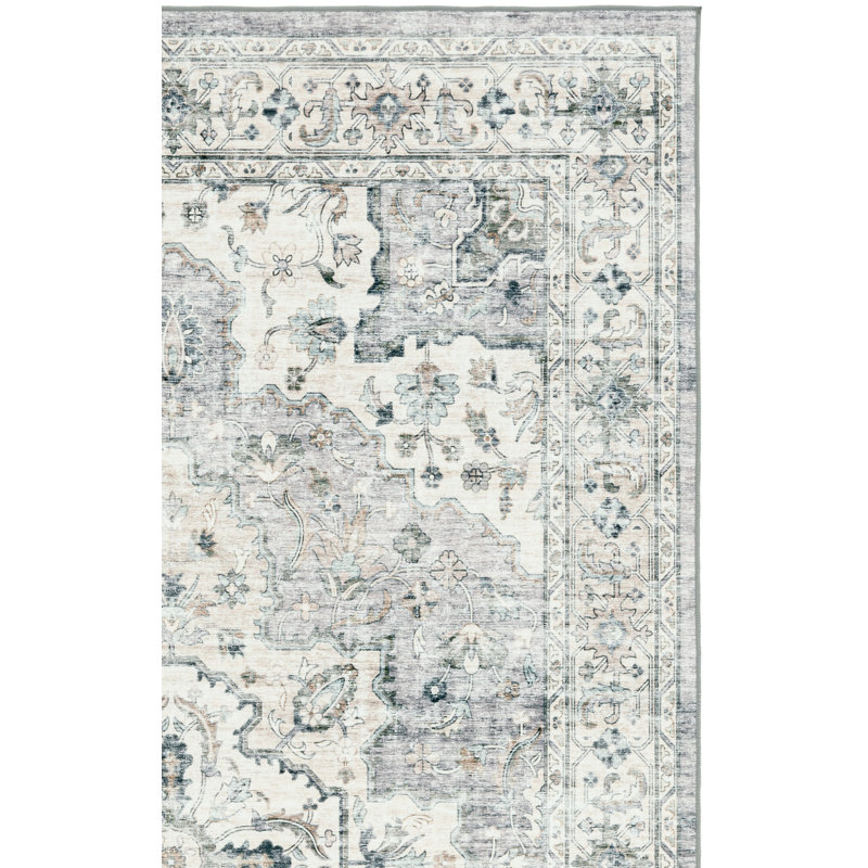 Tapis oriental en polyester tissé à la machine en gris clair / beige Lonon, Rectangle 2 pi 3 po x 4 pi