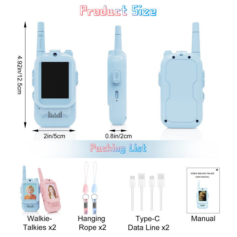 Talkies-walkies vidéo pour enfants avec caméra, ensemble de 2 talkies-walkies rechargeables pour garçons et filles de 3 à 12 ans