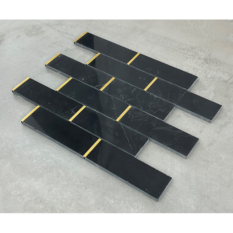 2" x 6" Marble Mosaic Pattern Wall & Floor Tile, Nero Marquina/Gold