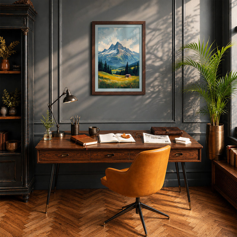 Mountain at Sunrise Rustic - Framed Print, A2 - 59.4 x 42.0 cm, Walnut