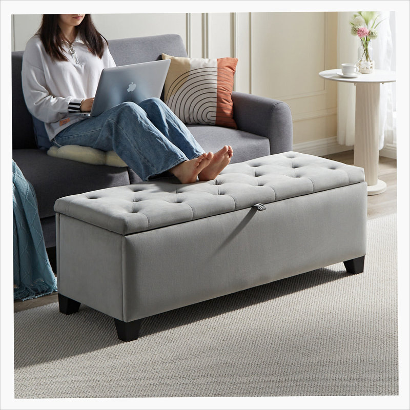 Banc rembourré en tissu avec 4 pieds, Gris