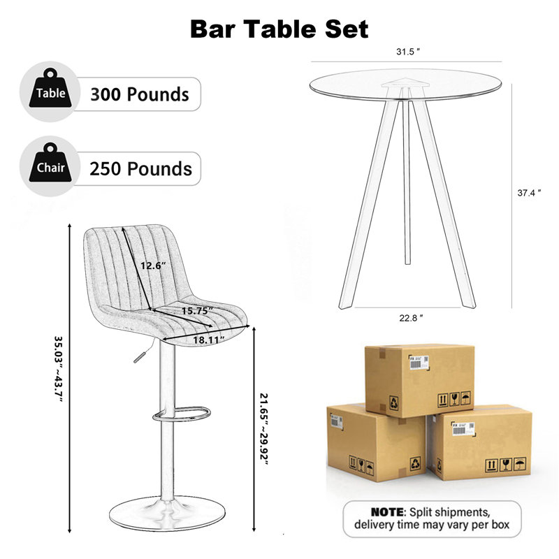 Ensemble de bar moderne doré, table en verre de 31,5 po + 2/4 tabourets pivotants pour îlot de cuisine, Beige