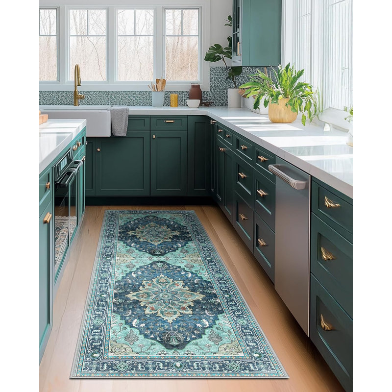 Floral Kitchen Rugs Washable Non-Slip, Runner 2' x 6', Teal