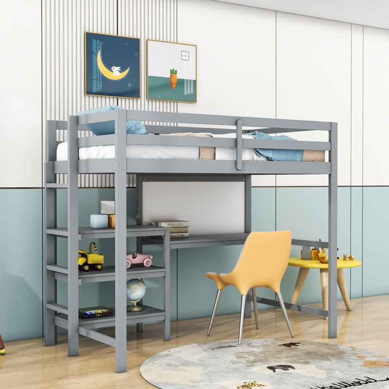 Lit mezzanine en bois pour enfants avec tablettes, bureau et tableau d'écriture, gris