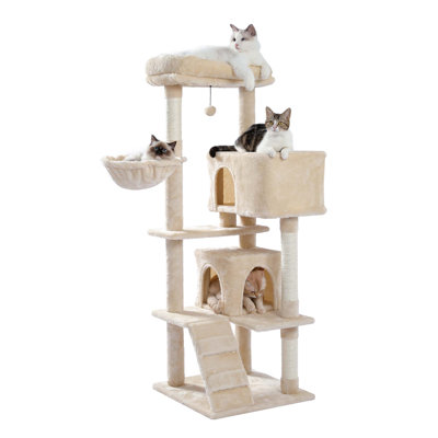 Cat Tree With Large Top Perch, Plush Hammock, Cat Shelves And Dangling Pompom, Cat Scratching Posts And 2 Condos Houses