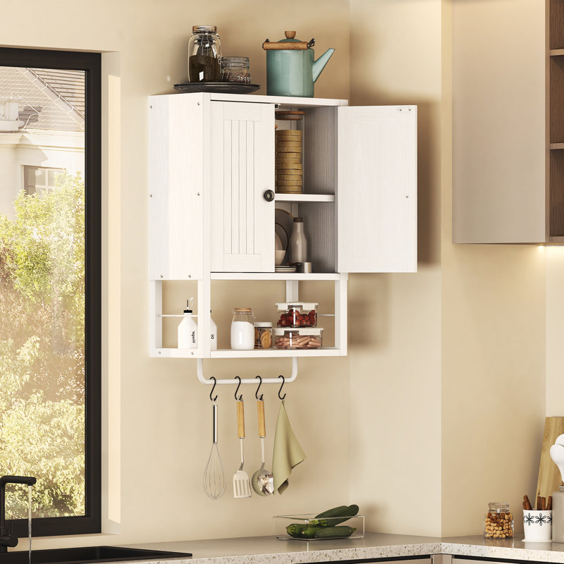 Rustic Wall Mounted Medicine Cabinet, White Wood Storage Cabinet with Two Barn Doors, Shelf and Towel Bar for Bathroom, Living Room, Kitchen, White