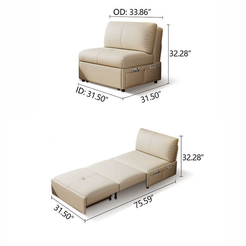 Canapé-lit en cuir crème moderne et minimaliste avec coussins Nappa, H 32,28 po x l 33,86 po x P 31,5 po