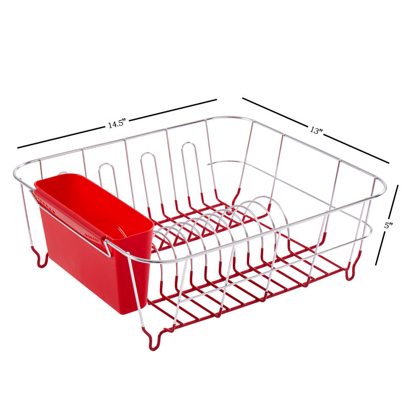 Chrome Plated Steel 2-Piece Compact Dish Drainer with Utensil Caddy, Red