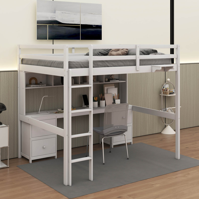 Lit mezzanine double avec bureau, tiroirs et station de charge