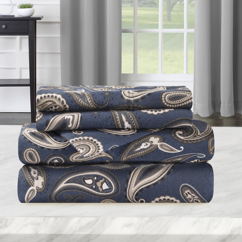 Ensemble de draps 100% coton, Marine cachemire, Ensemble de draps pour lit simple TG + 1 drap-hous