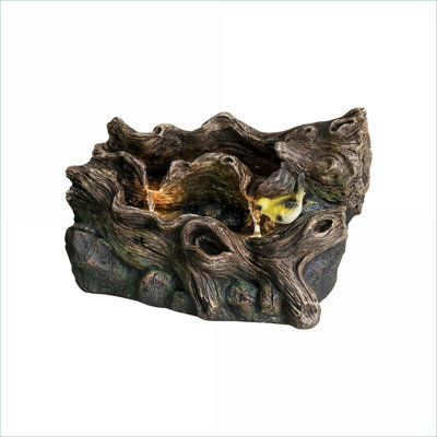 Fountains | 14.1" Tall Rustic Tree Trunk Outdoor Garden Water Feature, No Install | Concrete / Cement | Tan Brown