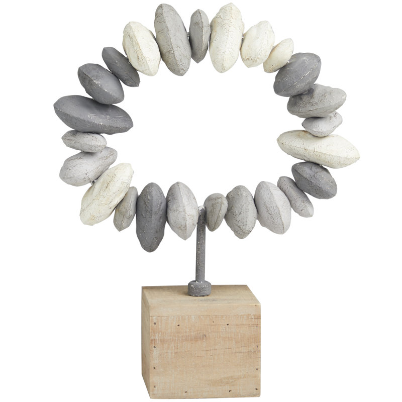 Cecel Metal Circular Stone Abstract Decorative Gray Sculpture with Brown Wooden Base, 13.90"H x 11" W x 4" D