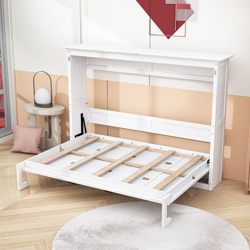 Lit escamotable double en bois avec lattes, Blanc
