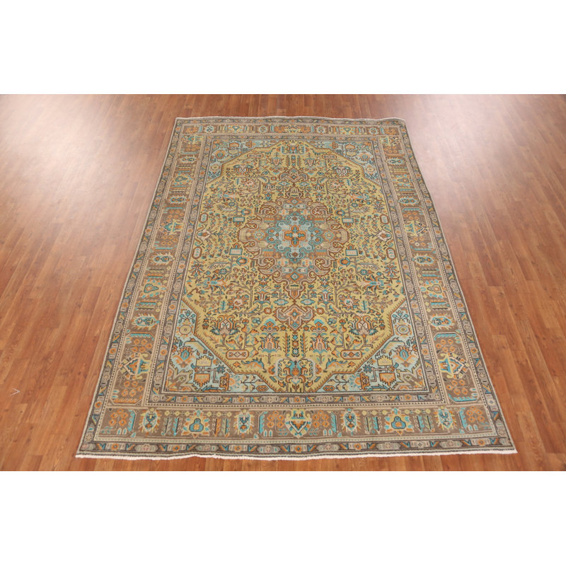 Tapis traditionnel en laine fait à la main jaune 7 x 9