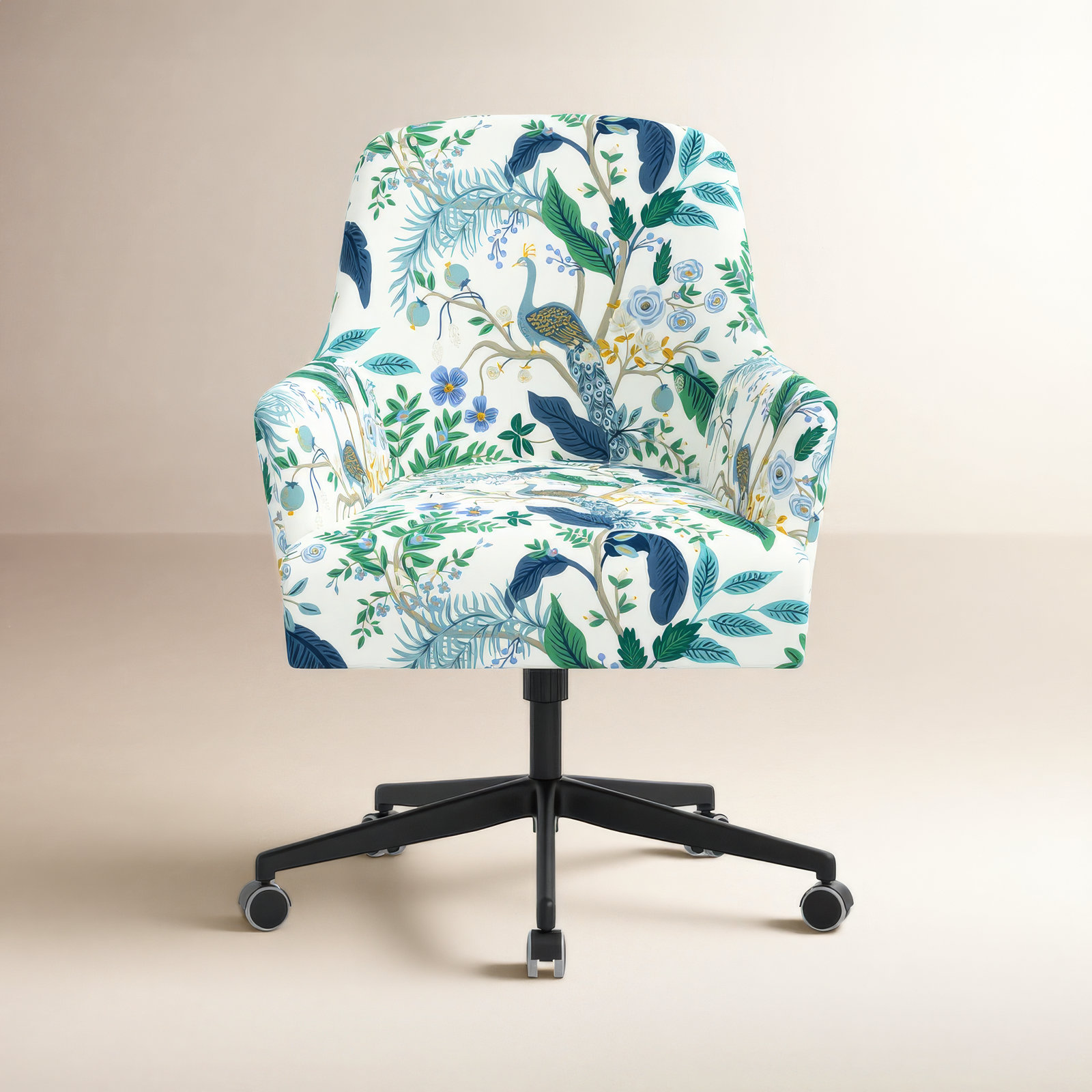 Rifle Paper Co. x Cloth & Company Yvette Office Chair, Rpc Peacock Blue & White Linen, Brushed Gold