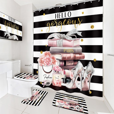 Ensemble de salle de bain 4 pièces rose et noir avec rideaux et tapis de douche, housse de toilette pour toilette parfumée, tapis de bain, rideau de douche femme à rayures blanches avec 12 crochets