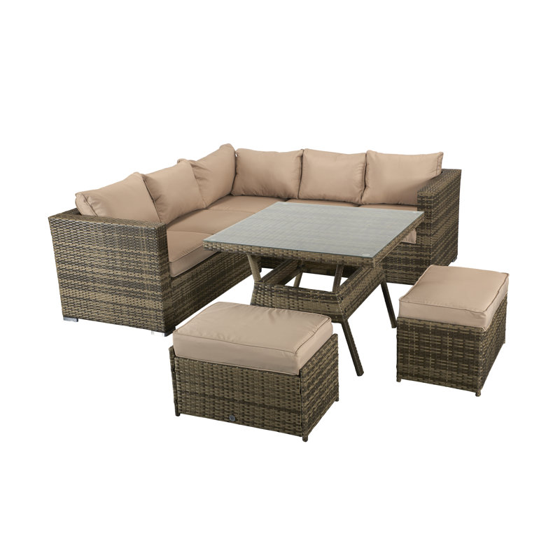 Adalie 6 - Person Wicker Patio Dining Set with Square Table , Cushions Included, Brown/Nature