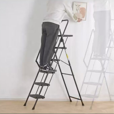 5-Step Ladder, Foldable Step Stool With Tool Tray And Wide Non-Slip Pedals, Sturdy Steel Ladder, Convenient Handrails, Lightweight Portable Steel Step Stool