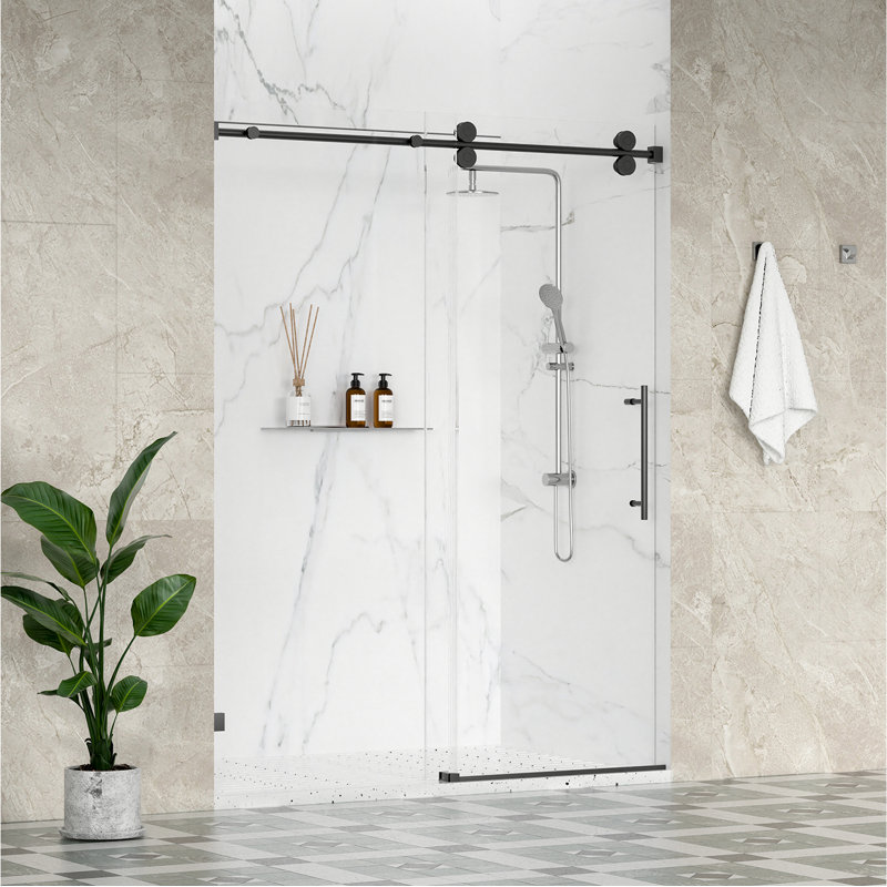 Radiance 68" - 72" W x 76" H Single Sliding Frameless Shower Door in Matte Black with 3/8" Clear Glass, Black