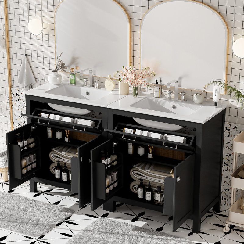 Ensemble de meuble-lavabo moderne 60 po avec double meuble-lavabo, double lavabo en céramique, tablette réglable, portes à fermeture en douceur et tiroir rabattable